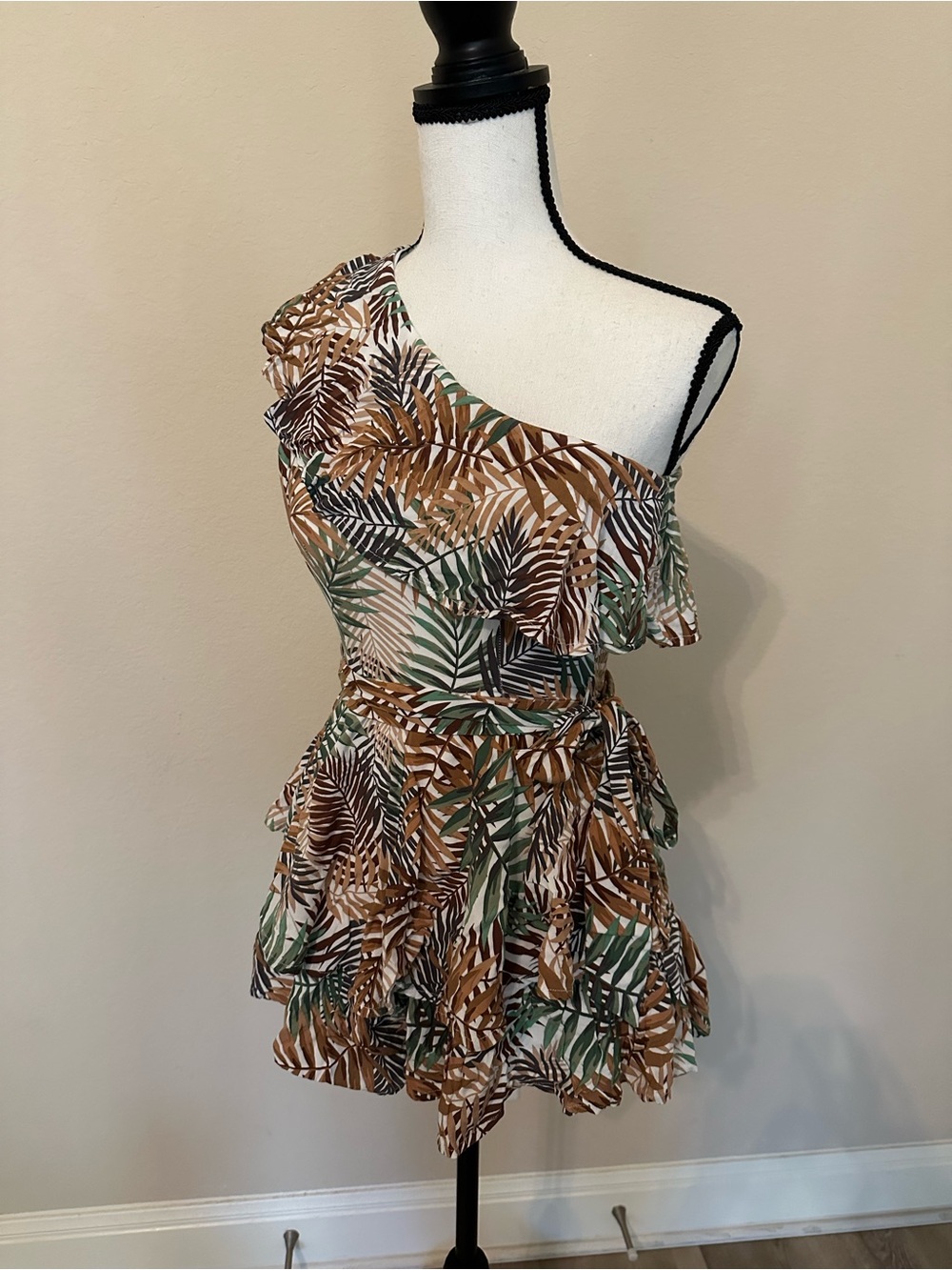miami One-Shoulder Tropical Leaf Ruffle Mini Dress in Brown & Green, waist tie
